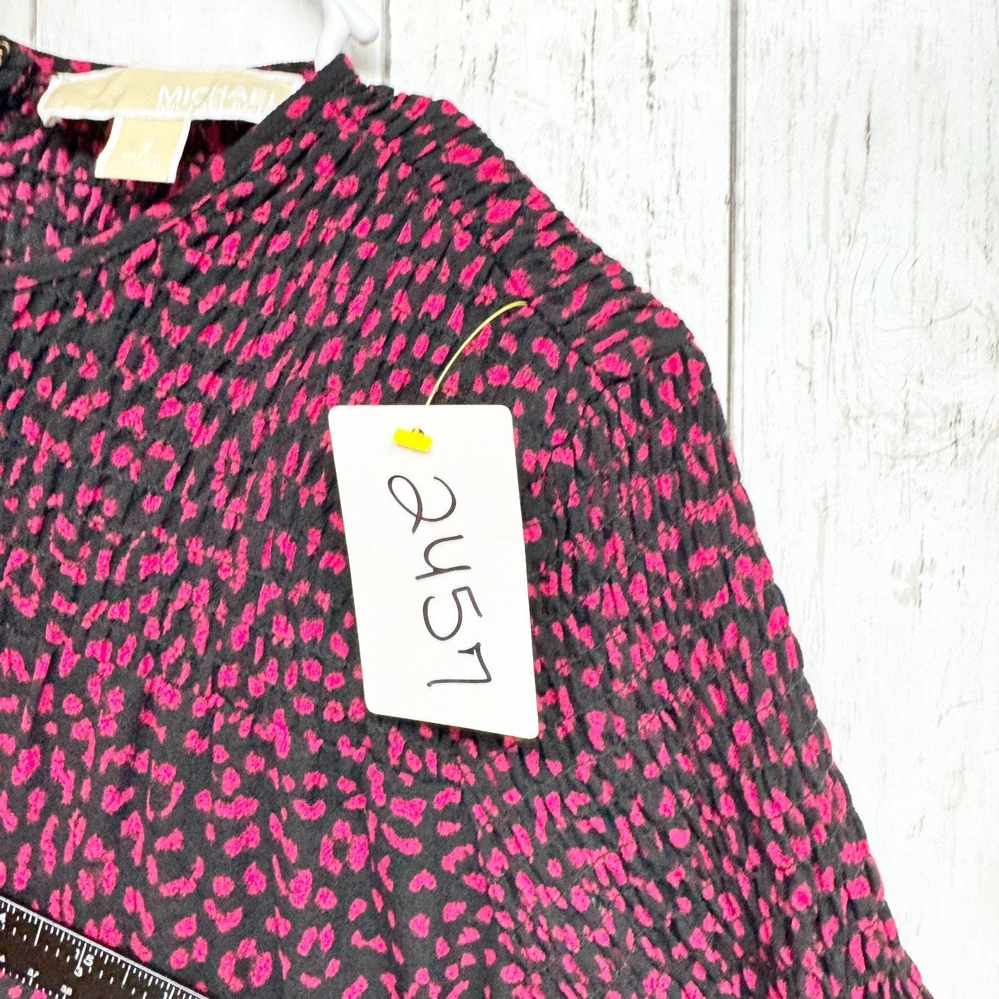 Michael Kors Top Women Sz Small Leopard Purple Print Long Sleeve Smocked Blouse