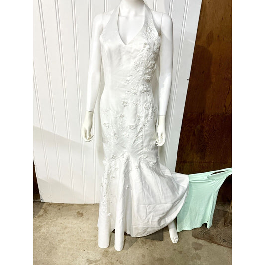 Cinderella Wedding Dress Halter Neck Pleated Floral Open Back White Size M