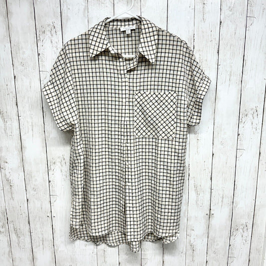 TOPSHOP Top Women Size 4 Button Down Short Sleeve Pocket Plaid Polyester Curved