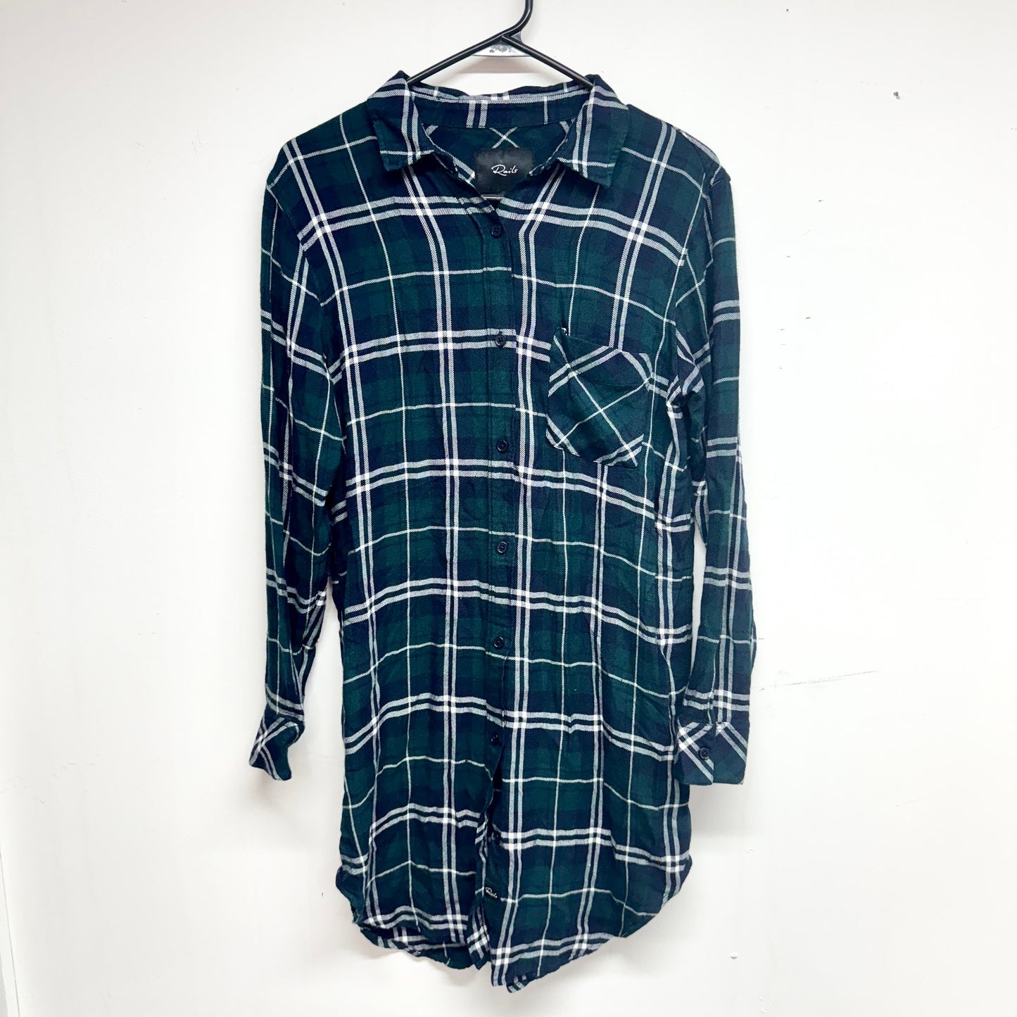 RAILS Bianca Green Navy Blue Plaid Button Front Shift Shirt Dress Size S