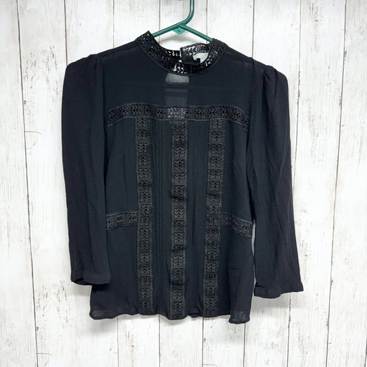 H&M Blouse Women Size 2 High Neck Laced Black Long Sleeve Flared Sleeve Top