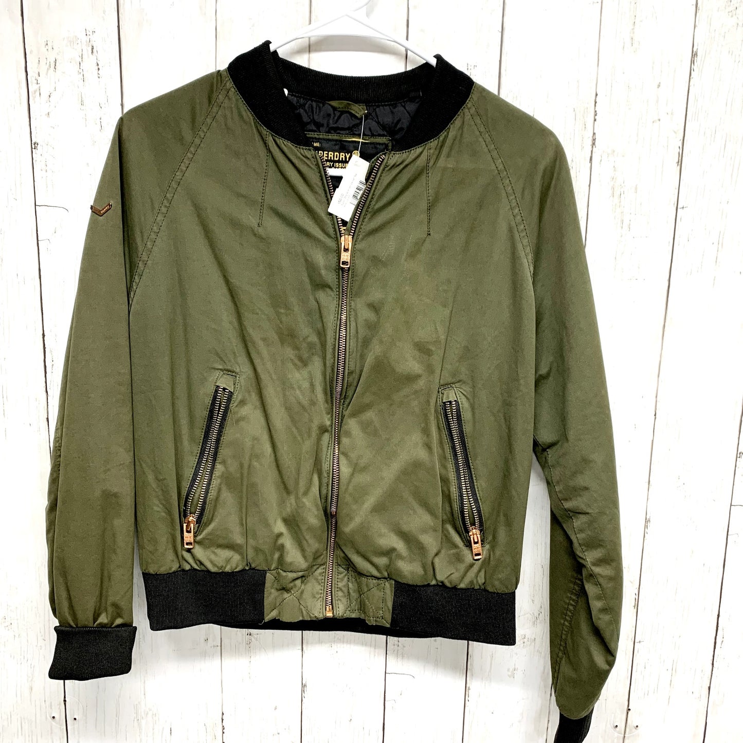 SUPERDRY Women’s Size M Khaki Full Zip Hunter Green Gold Zip Bomber Jacket Coat
