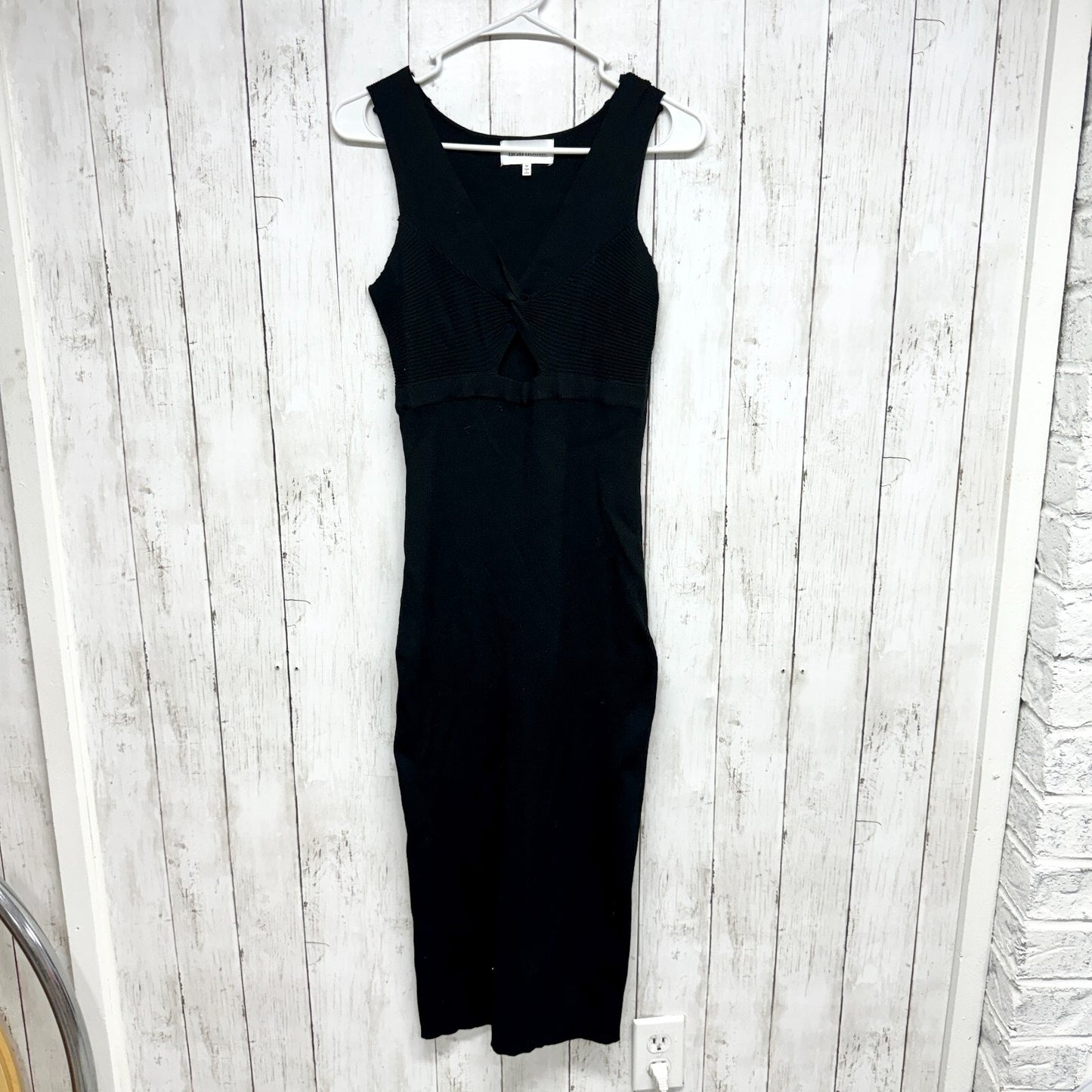 Heartloom Dress Women Size Medium Black Ribbed Vneck Knot Front Sleeveless Midi