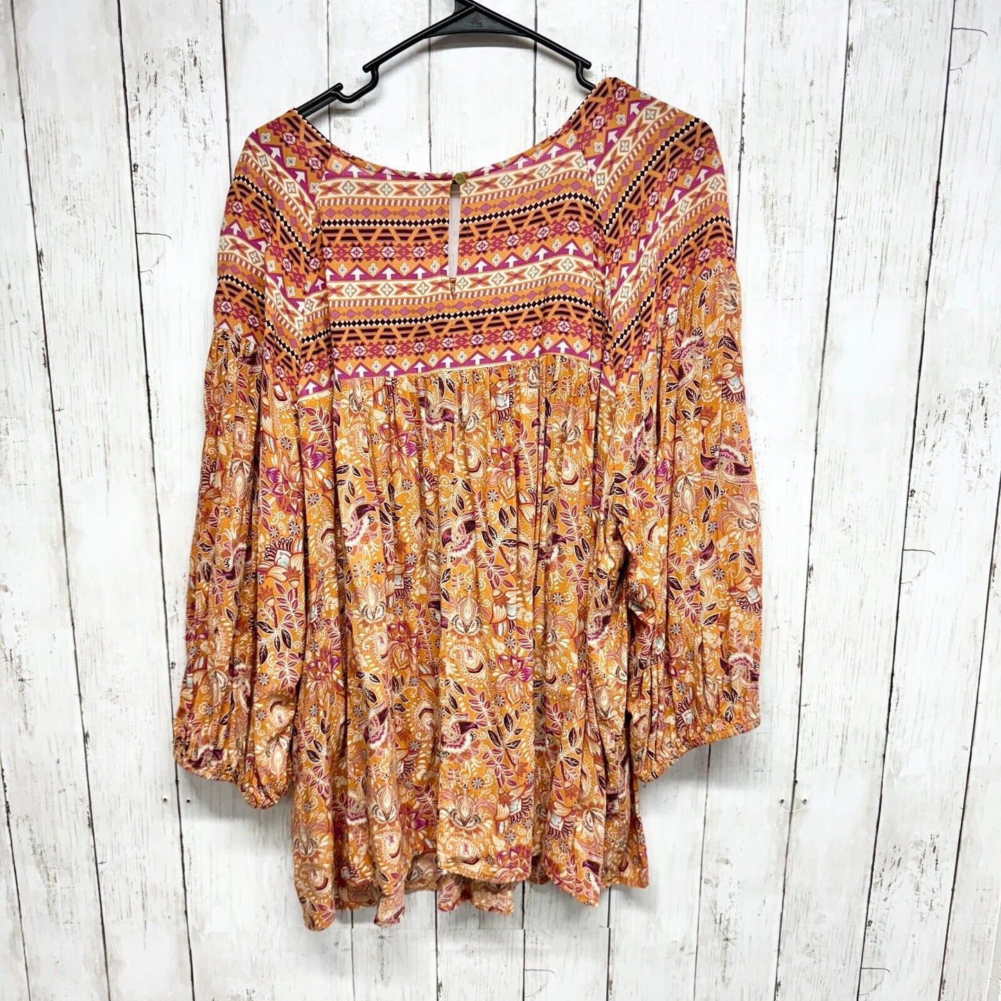 CATO Blouse Women Size 22/ 24W Colorful Puff Sleeves Tribal Boho Round Neck