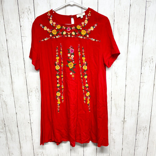 UMGEE Dress Women Small Red Floral Embroidered Mini Boho Short Sleeve Cotton