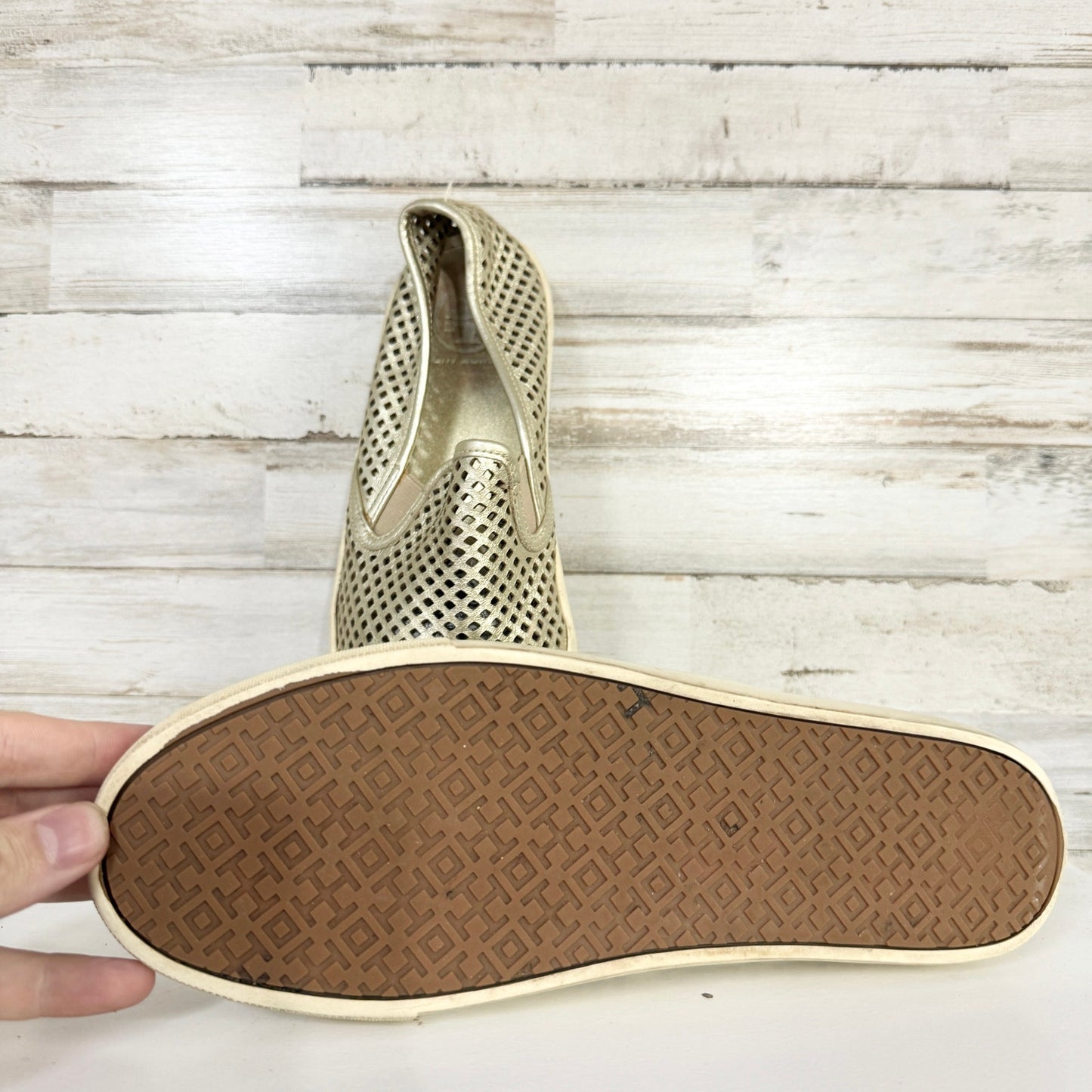 Tory Burch Women Jesse Gold Metallic Leather Perforated Slip On Sneaker Size 8.5