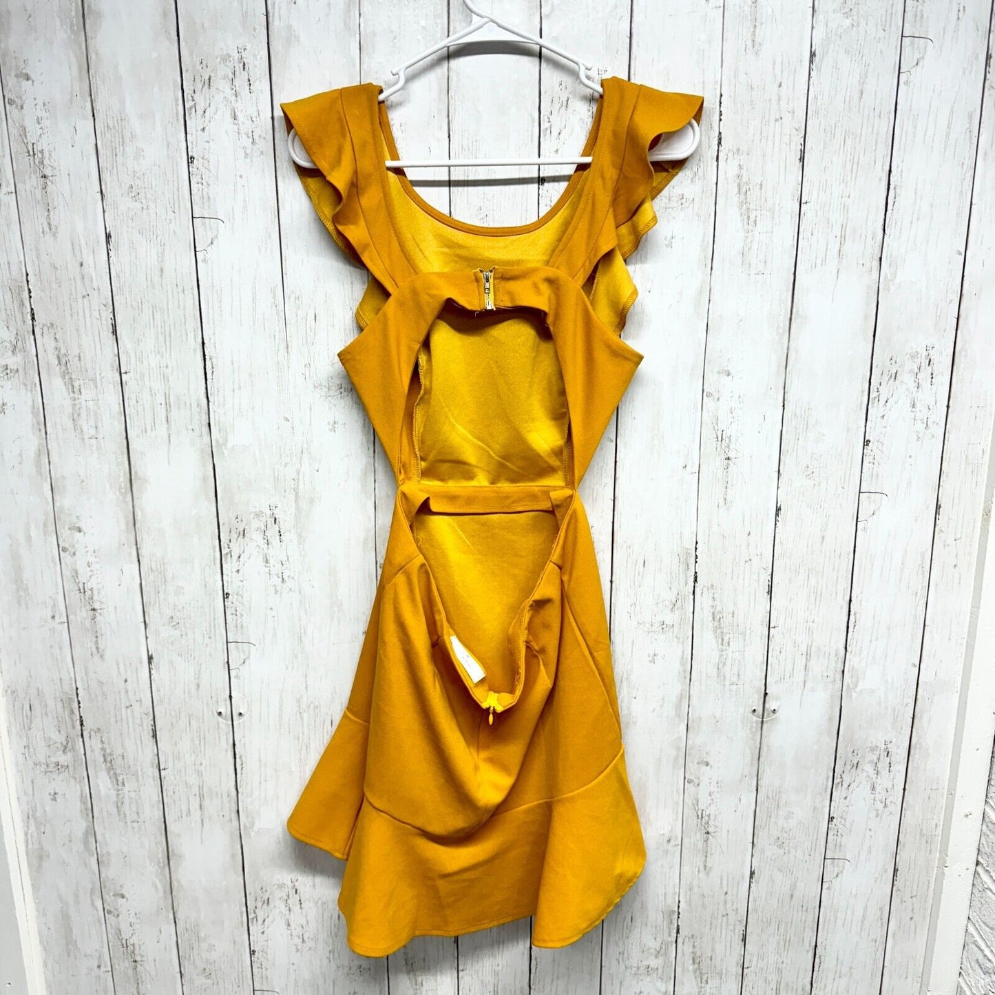 Hello Molly Dress Women Size M Ruffled Mini Mustard Yellow Open Back Crossover