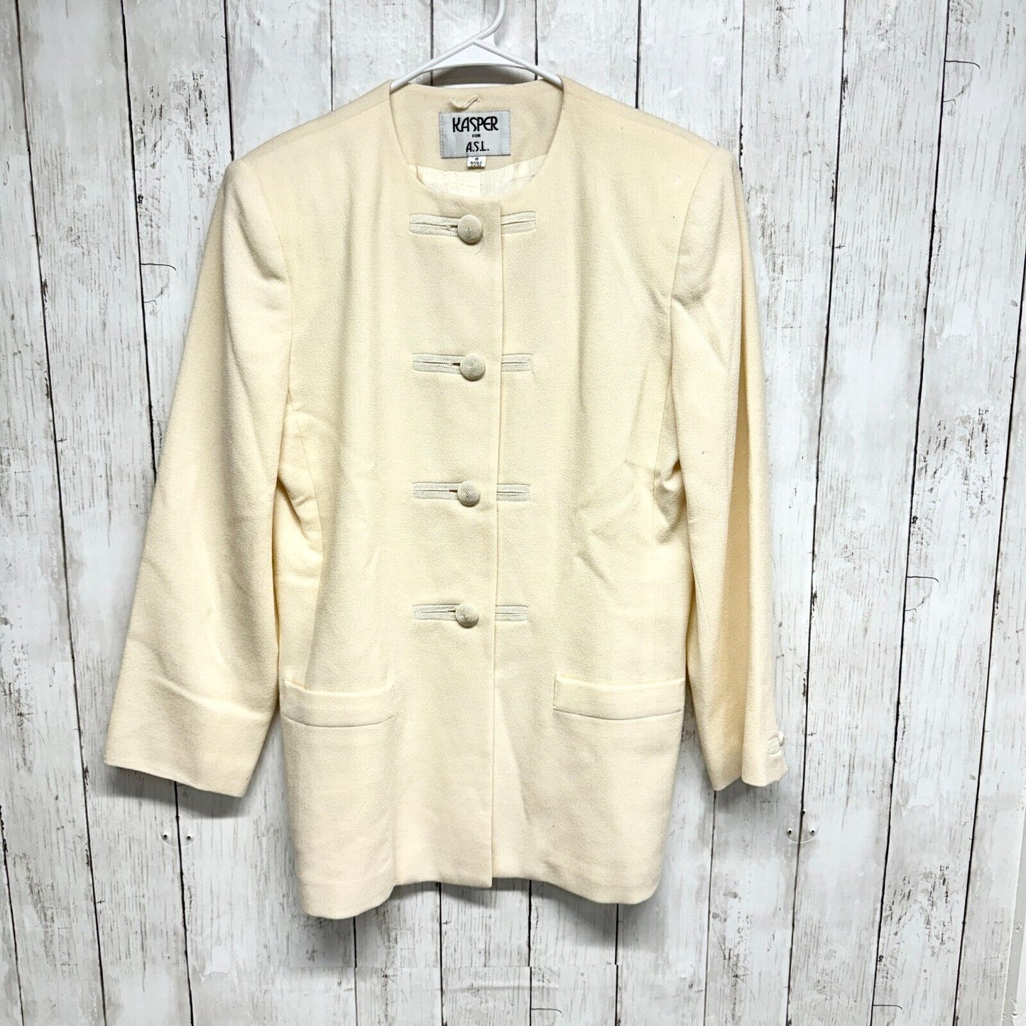 Kasper for A.S.L. Jacket Women Size 8 Ivory Button Down 100% Wool Double Pocket