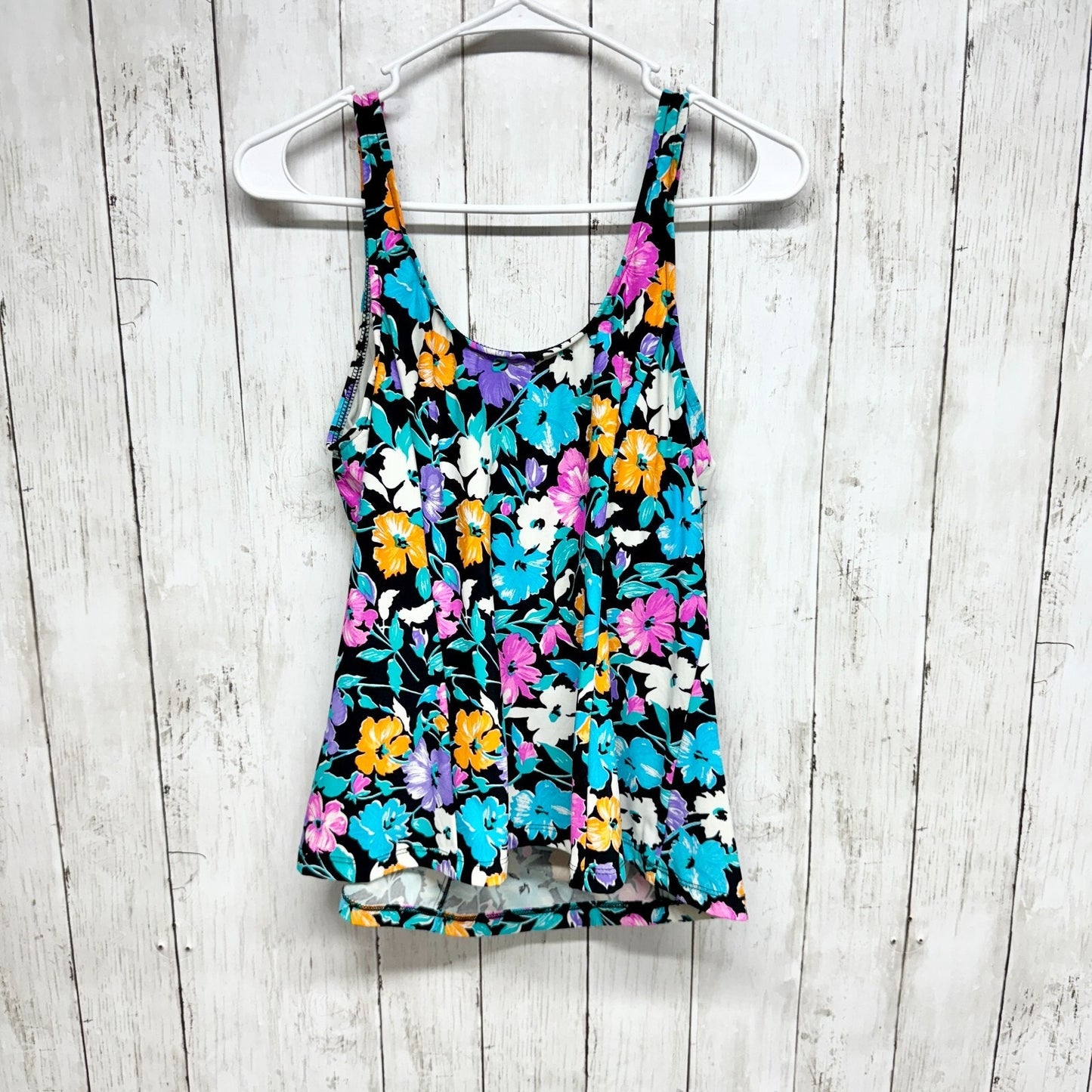 ORVIS Swim Top Women Size 12 Floral Sleeveless Beach Summer Neon Blue Tankini