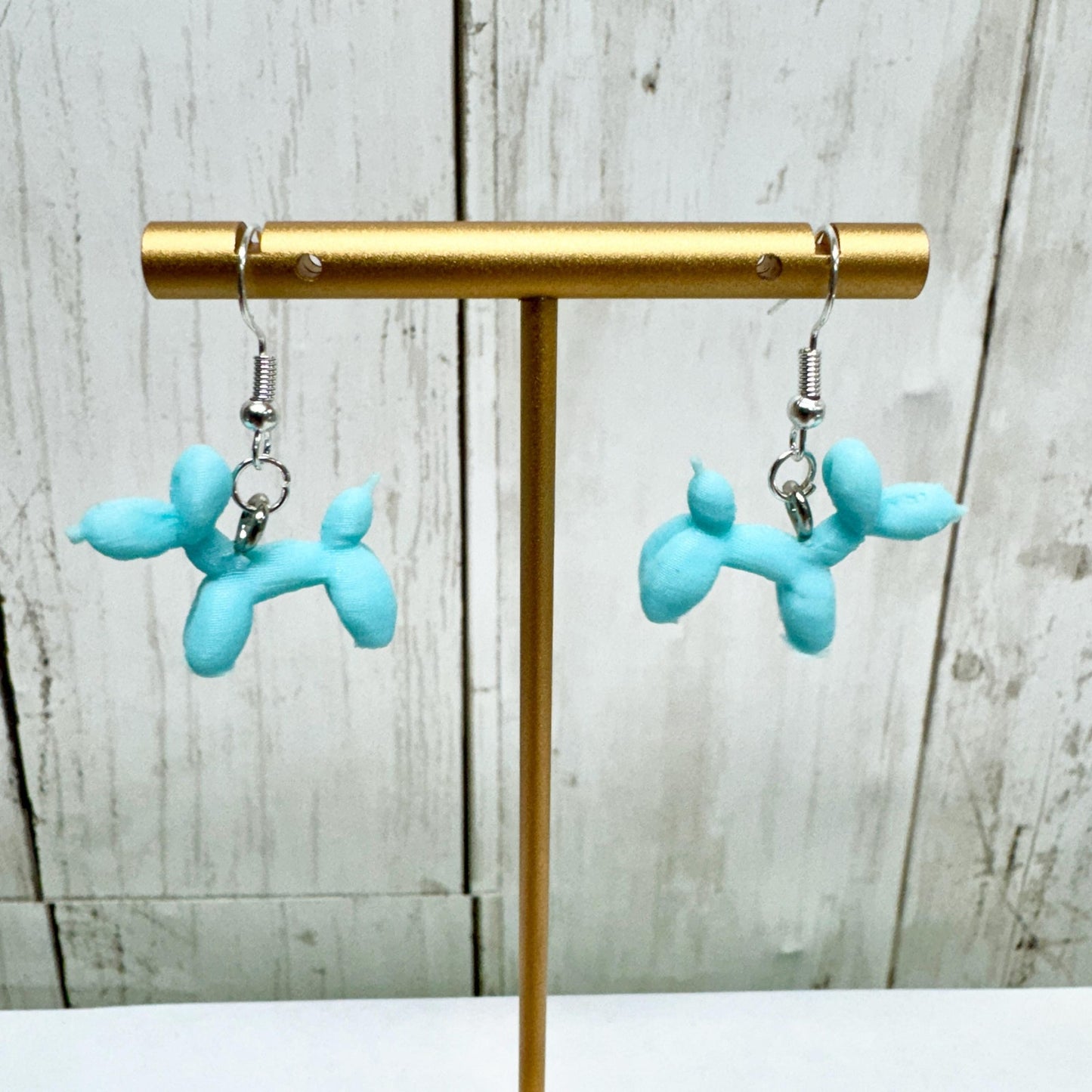 3D Printed Blue Balloon Dog Dangle Earrings Unique Design Fun Fashion Accessory