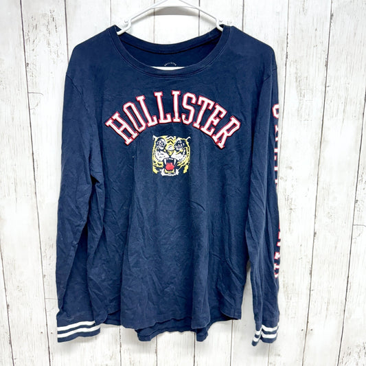 Y2K Hollister Top Women Large Graphic Tee Navy Printed Long Sleeve Stripe Cuff