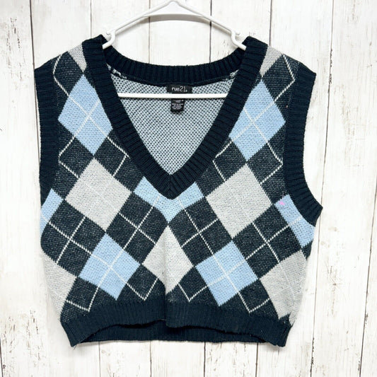 RUE 21 Vest Women L Sleeveless Plaid Checkered Navy Blue Trimmed Knit Cotton