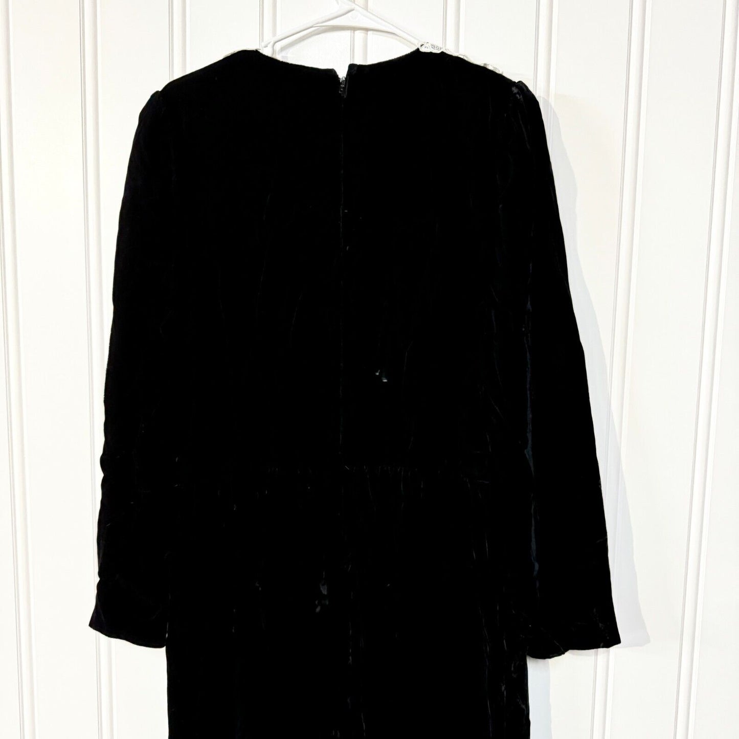 70s Vintage LANG Dress Women Size 14 Black Velvet Maxi Lace Collar Long Sleeve