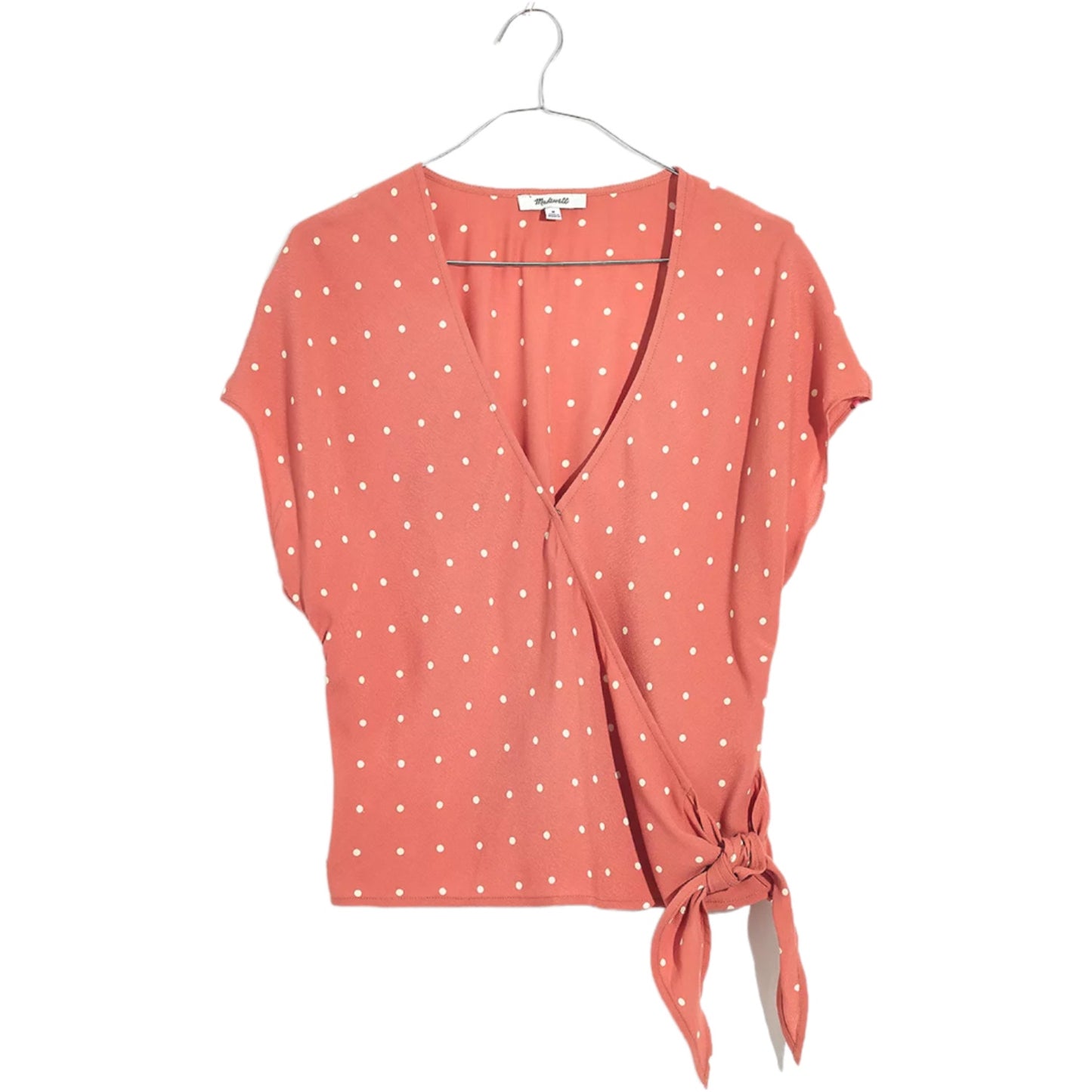 Madewell Women's XS Peach Sash-Tie Wrap Top in Polka Dot
