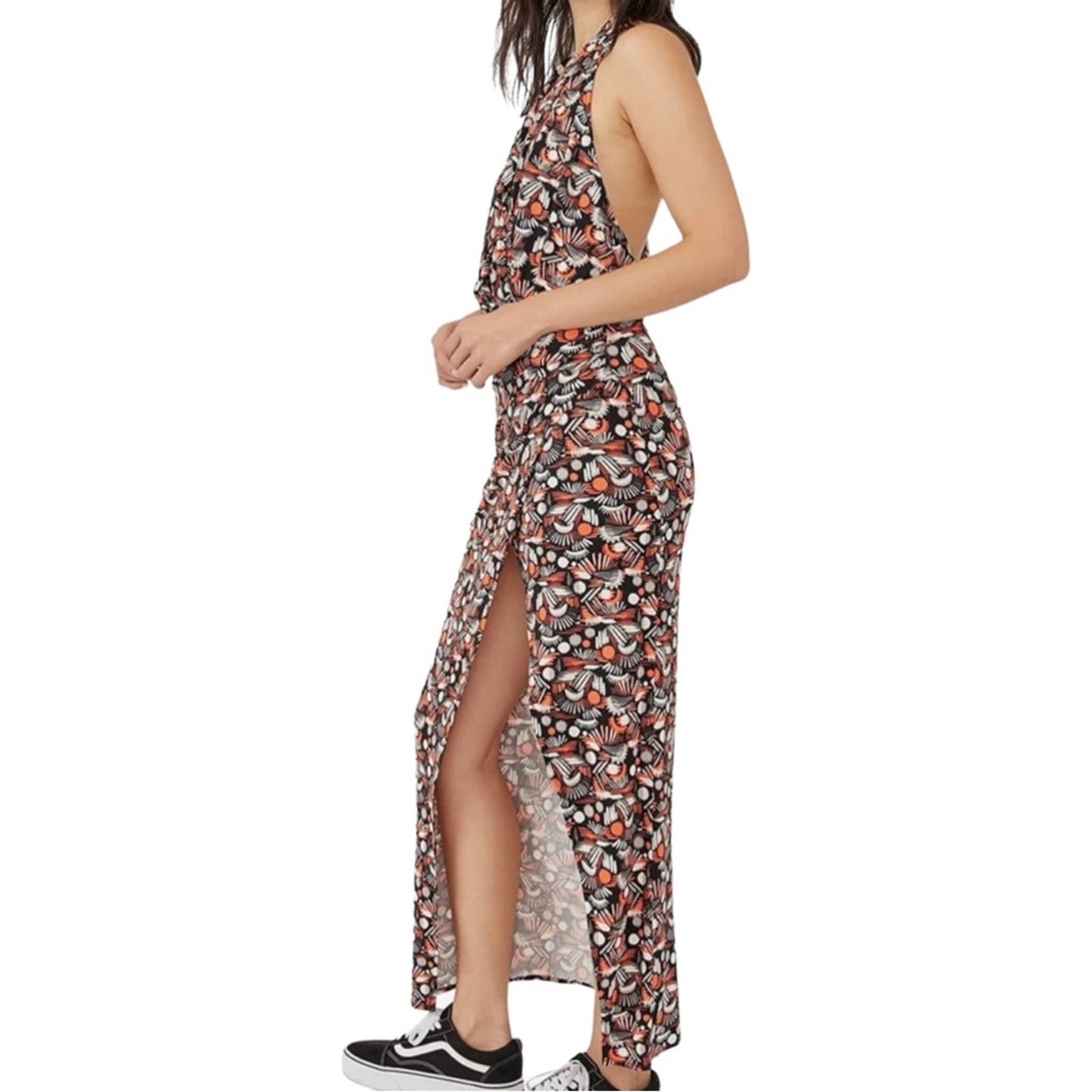 Free People Daria Halter Maxi Dress Black Orange Low Back Wrap Slit Plunge NEW