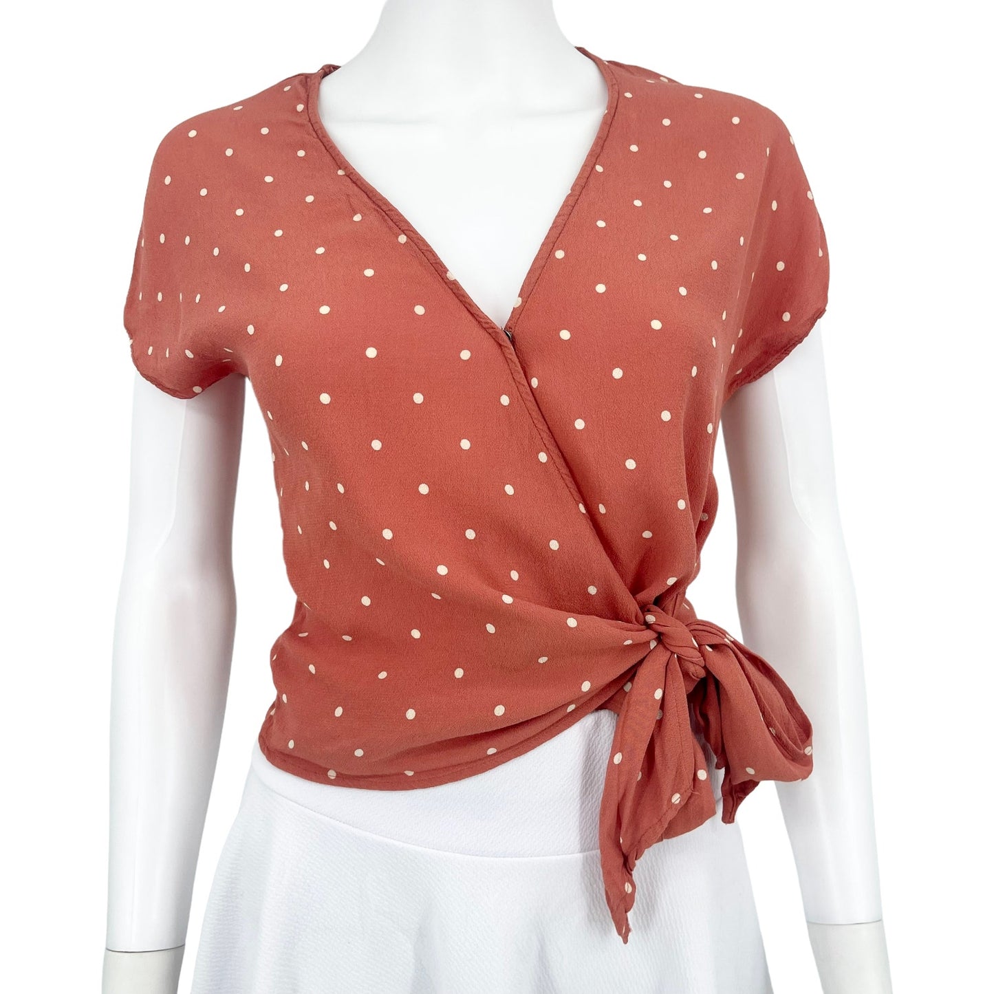 Madewell Women's XS Peach Sash-Tie Wrap Top in Polka Dot