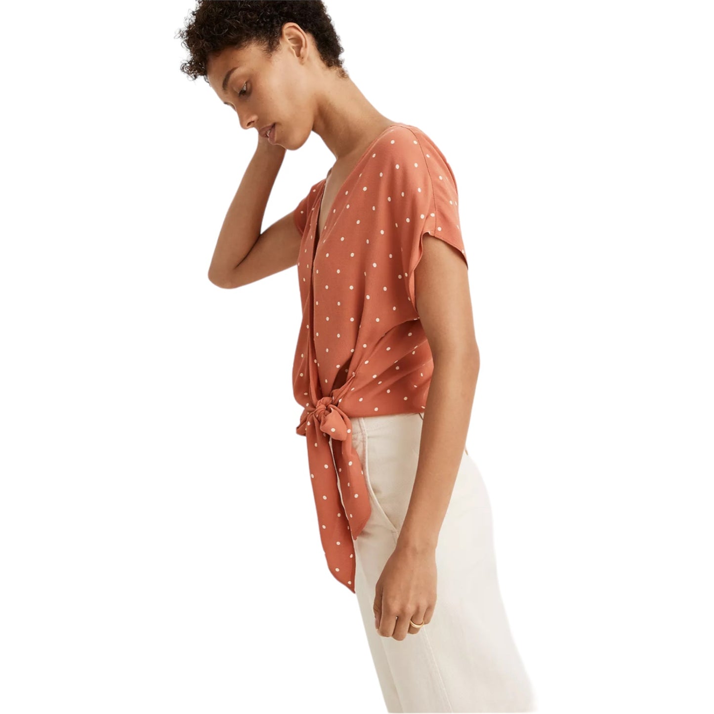 Madewell Women's XS Peach Sash-Tie Wrap Top in Polka Dot