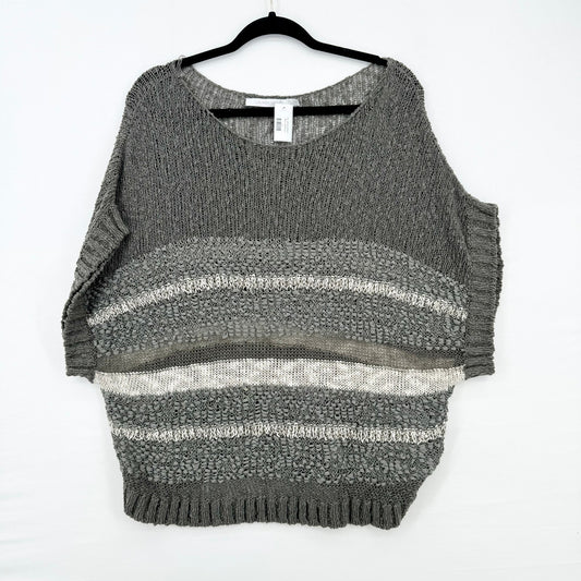 Lauren Vidal Women Grey & Cream Striped Oversized Knit Sweater Top Size M