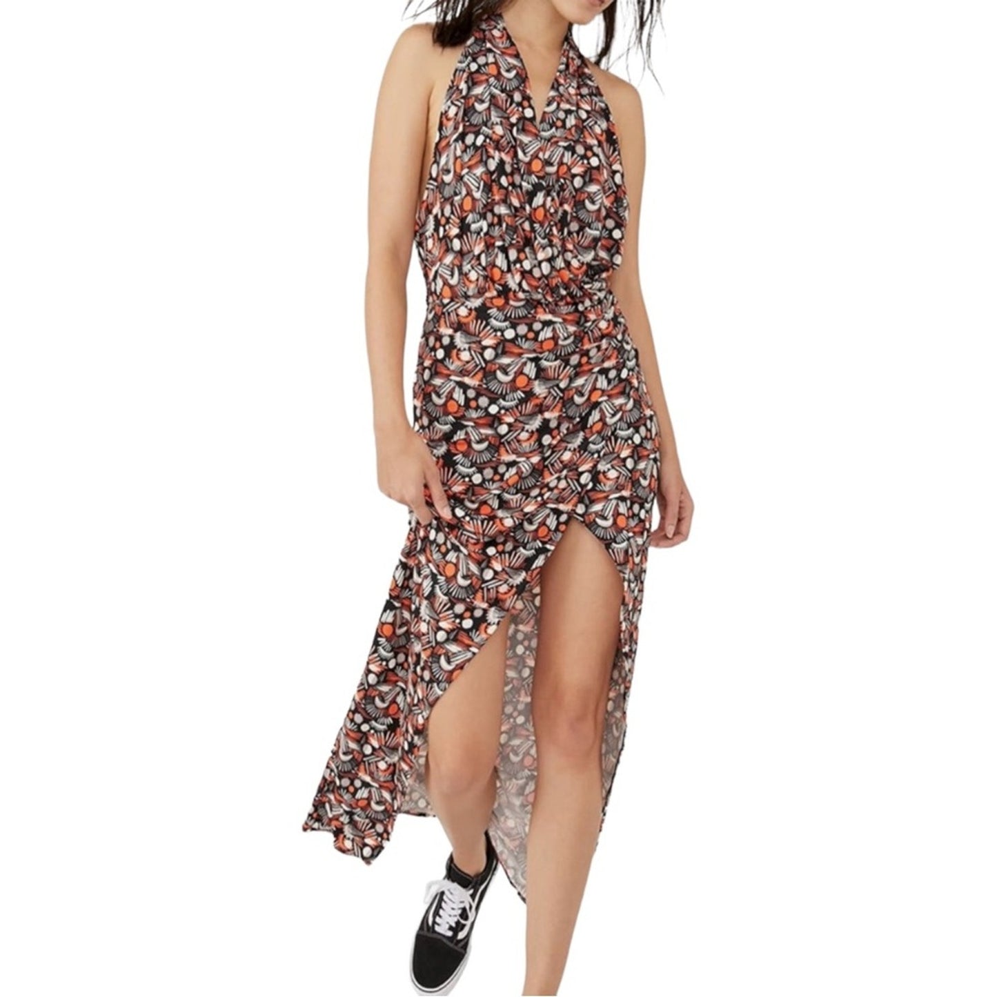 Free People Daria Halter Maxi Dress Black Orange Low Back Wrap Slit Plunge large