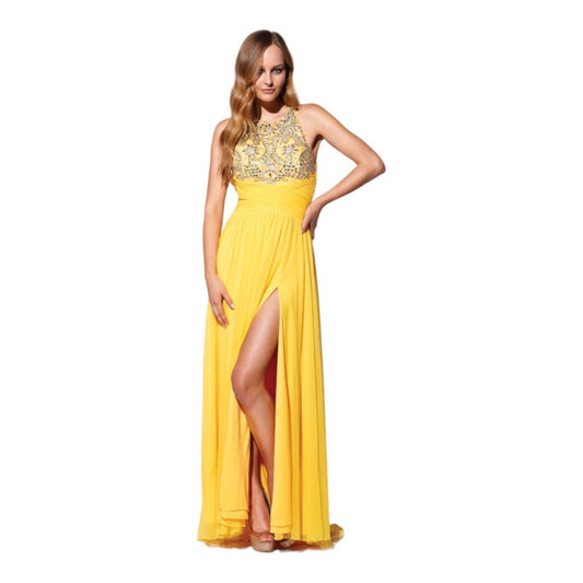 Terani Couture Yellow Open Leg Slit Cross Back Sleeveless Prom Dress Size 4