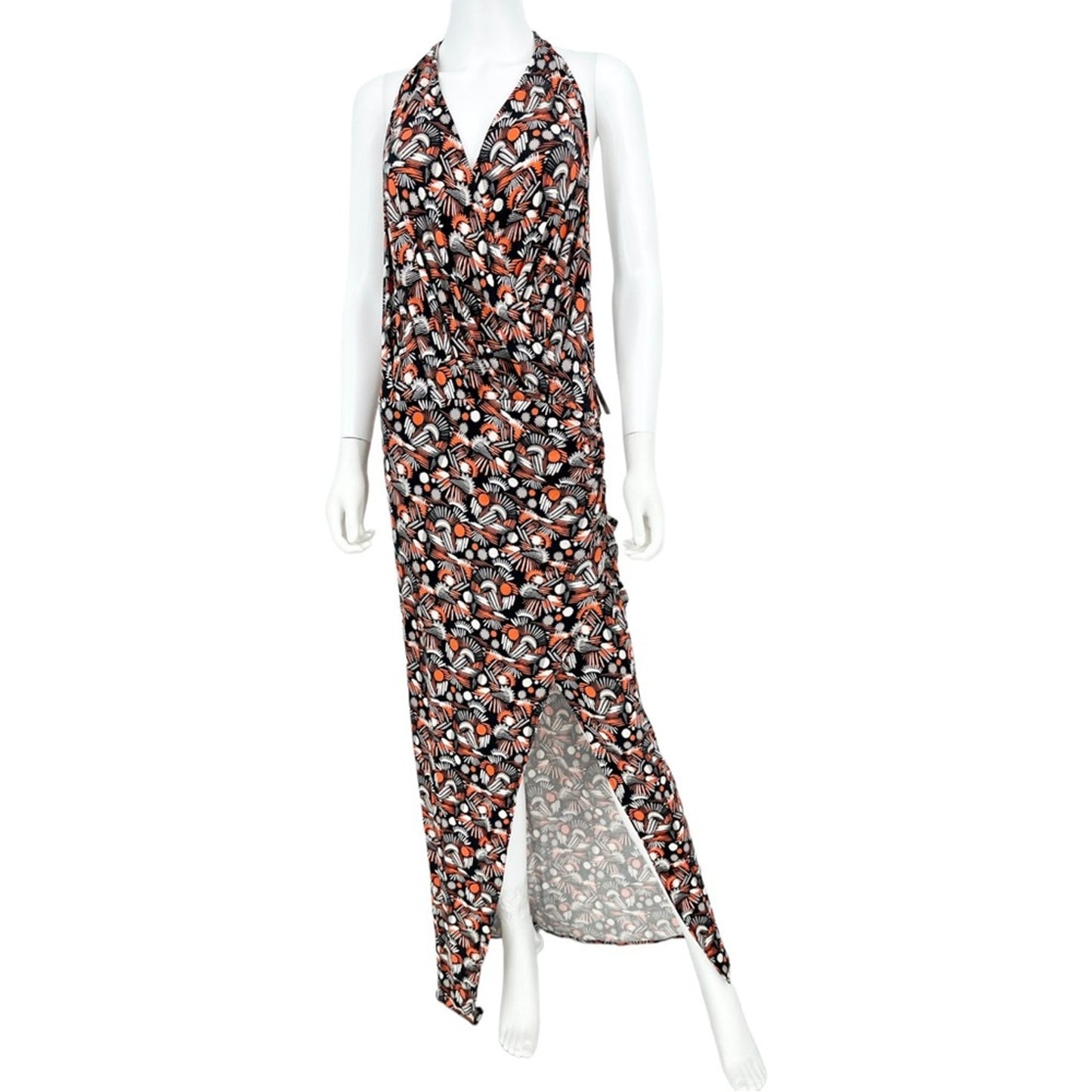 Free People Daria Halter Maxi Dress Black Orange Low Back Wrap Slit Plunge NEW