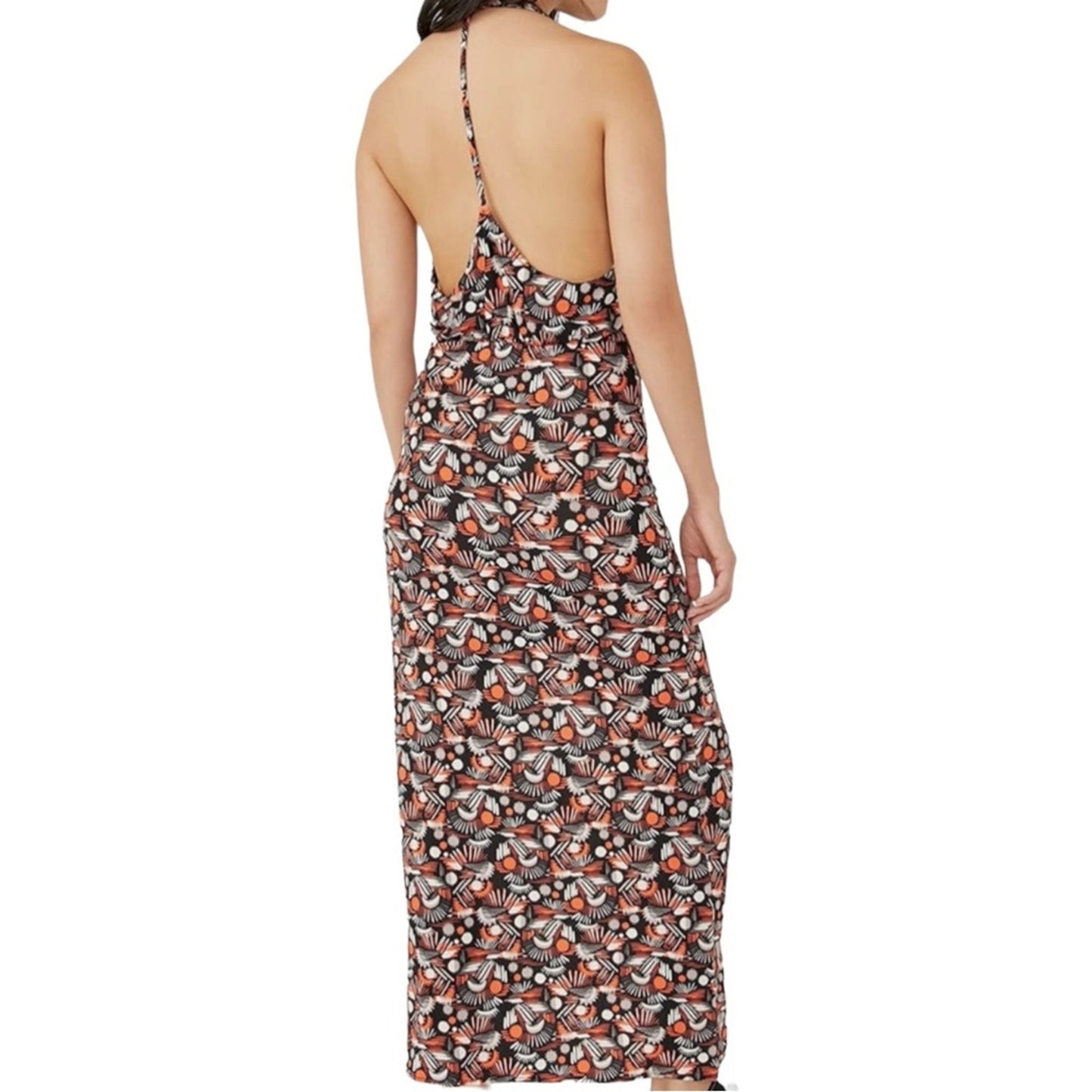 Free People Daria Halter Maxi Dress Black Orange Low Back Wrap Slit Plunge NEW