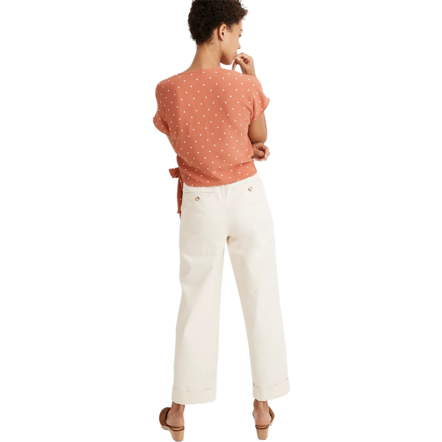 Madewell Women's XS Peach Sash-Tie Wrap Top in Polka Dot