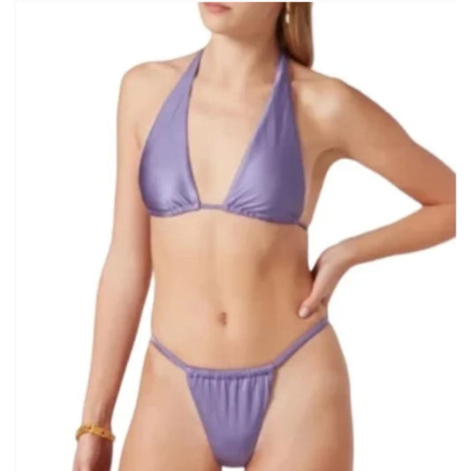 Good American Lilac Mist Shine Ruched Halter Neck Bikini Top Size 3/ Large NWT