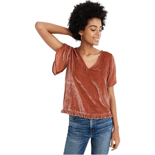 Madewell Women’s Flare Sleeve Orange Velvet Tulip-Sleeve Ruffle Top Size XXS